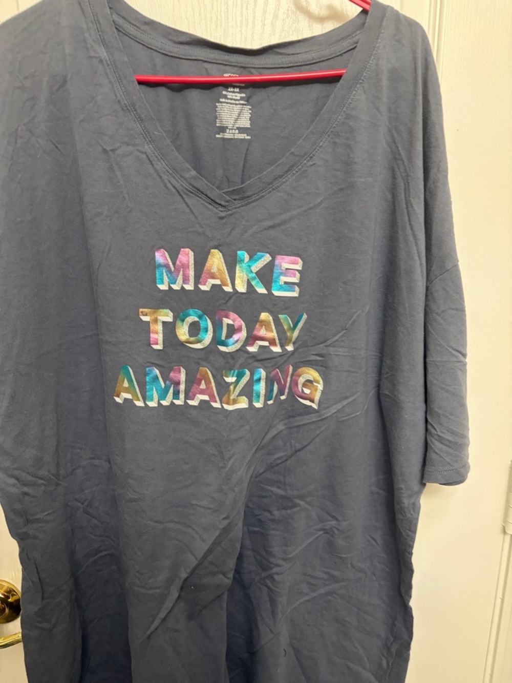 Secret Treasures Slate Gray V-Neck Tee with Multicolor Iridescent Lettering